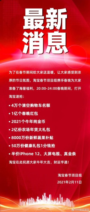 淘宝成2020春晚独家电商合作伙伴总补贴额达20亿