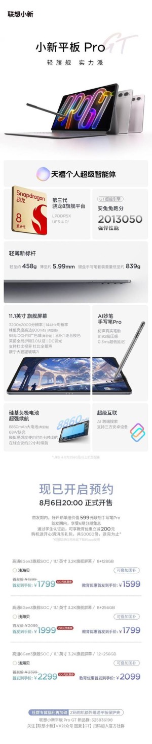 首发1799元起 支持国补！联想小新平板Pro GT发布：3.2K LCD屏+骁龙8 Gen3