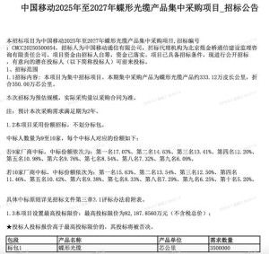 中国移动采购1亿芯公里光缆：14家入围 报价都在47亿元左右