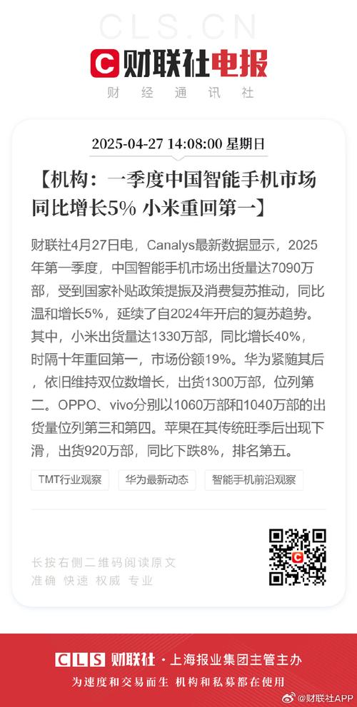 中国智能手机市场变天：25Q1华为小米并列第一 苹果出货量持续下降